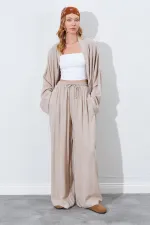 Kadın Koyu Bej Beli Lastikli Palazzo Keten Pantolon