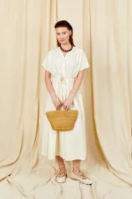 Kadın Ekru 199 Düşük Kol Pile Detaylı Önü Düğmeli Poplin Elbise