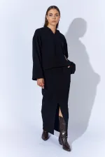 Kadın Siyah V Yaka Kapşonlu Yırtmaçlı Etek Selanik Takım