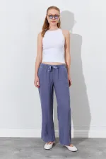 Women's Grey Linen Wide Leg Trousers with Drawstring Waist and Side Pockets