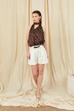 Women's Cream Thick Buttoned Belted Mini Shorts