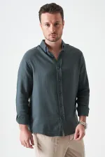 Erkek Çam Yeşili Uzun Kol Regular Basic Müslin Gömlek