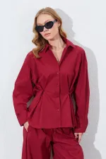 Kadın Bordo Bel Oturtmalı Bel Düğme Detaylı Gömlek