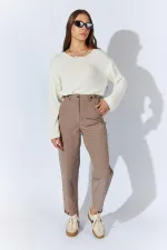 Kadın Vizon Beli Düğmeli Çift Dikişli Pantolon