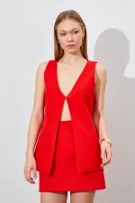 Kadın Nar Kopça Detaylı Yelekli Etek Kumaş Takım