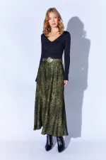 Jupe longue en satin vert ceinturé pour femme 3499