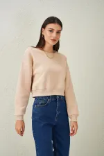 Women's Stone Collar Crew Neck Three-Thread Oversize Crop Sweatshirt