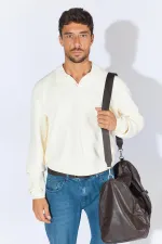 Erkek Ekru Ayaklı V Yaka Fitilli Basic Triko