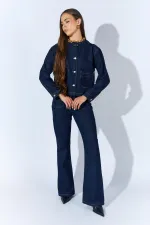 Kadın Rins Yıkama Bisiklet Yaka Cepli İspanyol Pantolonlu Jean Takım