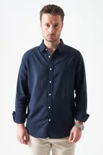 Erkek Lacivert Uzun Kol Basic Pamuk Flam Regular Gömlek