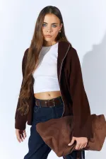 Kadın Kahve Dik Yakalı Dışardan Dkişli Fermuarlı Hırka