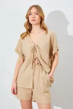 Kadın Vizon Düşük Kol Bağlamalı Bluzlu Şortlu Keten Takım