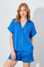 Kadın İndigo Oversize Düşük Kol Gömlek Şortlu Takım