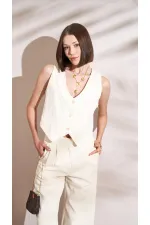 Gilet boutonné pour femme en gabardine à chevrons naturels