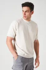 Erkek Bej Bisiklet Yaka Kol Ve Etek Ribanalı İki İp Rahat Kalıp Tişört