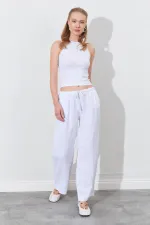 Women's White Linen Wide Leg Trousers with Drawstring Waist and Side Pockets