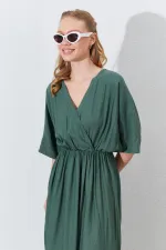 Kadın Haki Düşük Kol Yanları Yırtmaçlı Uzun Elbise