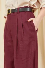 Women's Burgundy Double Pleated Bemuda Linen Trousers with Belt Detail