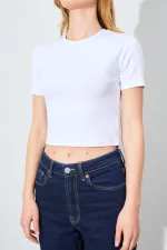 Kadın Ekru (25608) Bisiklet Yaka Düşük Kol Full Likra Ribana Crop Tişört