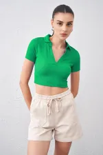 Kadın Benetton Yeşil Polo Yaka Bürümcük Kumaş Crop