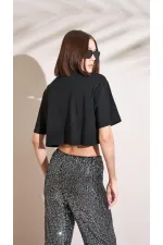 T-shirt court oversize noir à col rond pour femme, imprimé métallisé Supreme