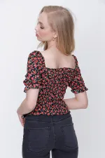 Kadın Desen-3 Gipeli Ön Büzgülü Crop Bluz
