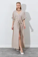 Kadın Koyu Bej Düşük Kol Beli Tünel Kemerli Keten Uzun Elbise
