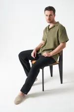 Erkek Haki Kısa Kol Apaj Yaka Müslin Regular Gömlek