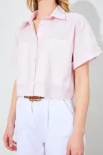 Kadın Toz Pembe Çift Cepli Düşük Kol Crop Gömlek