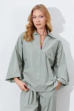 Kadın Çağla Derin V Yakalı Dirsek Kol Salaş Gömlek