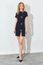 Kadın Siyah Bisiklet Yaka Kurdale Fiyonk Tokalı Elbise