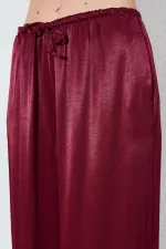 Kadın Bordo Beli İnce Lastik Detaylı Saten Pantolon