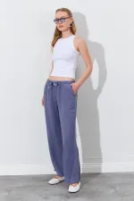 Women's Grey Linen Wide Leg Trousers with Drawstring Waist and Side Pockets
