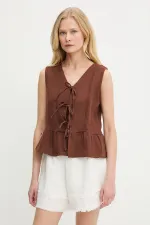 Kadın Kahve Önü Bağlamalı Kolsuz Eteği Fırfırlı Muslin Bluz