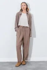 Kadın Toprak Beli Lastikli Havuç Kesim Keten Pantolon