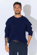 Pull en maille à col rond bleu marine pour homme (TRZ050)