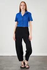 Kadın Saks Bürümcük Tek Cep Crop Gömlek