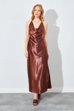 Kadın Kahve Degaje Yaka Saten Uzun Elbise