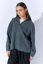 Kadın Antrasit Dik Yakalı Dışardan Dkişli Fermuarlı Hırka