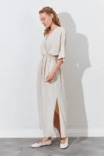 Kadın Taş Düşük Kol Yanları Yırtmaçlı Uzun Elbise