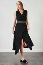 Kadın Siyah Yaka Fırfırlı Önü Düğmeli Kolsuz Poplin Kumaş Uzun Elbise