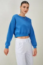 Women's Blue Crew Neck Three-Thread Oversize Crop Sweatshirt