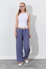 Women's Grey Linen Wide Leg Trousers with Drawstring Waist and Side Pockets