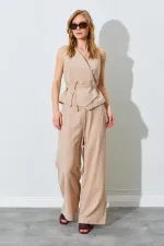 Kadın Vizon Kruvaze Yelekli Biye Bağlamalı Palazzo Pantolonlu Takım