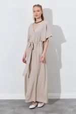 Kadın Koyu Bej Düşük Kol Beli Tünel Kemerli Keten Uzun Elbise