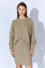 Kadın Vizon Saç Örgülü Etek Kazak Takım