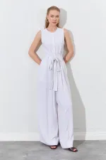 Kadın Naturel Kolsuz Kuşak Bağlamalı Double Paça Tulum