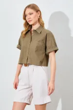 Kadın Haki Çift Cepli Düşük Kol Crop Gömlek