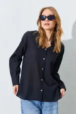 Kadın Siyah Krınkıl Oversize Gömlek