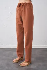 Kadın Kiremit Bel Bağlamalı Bağcıklı Keten Pantolon